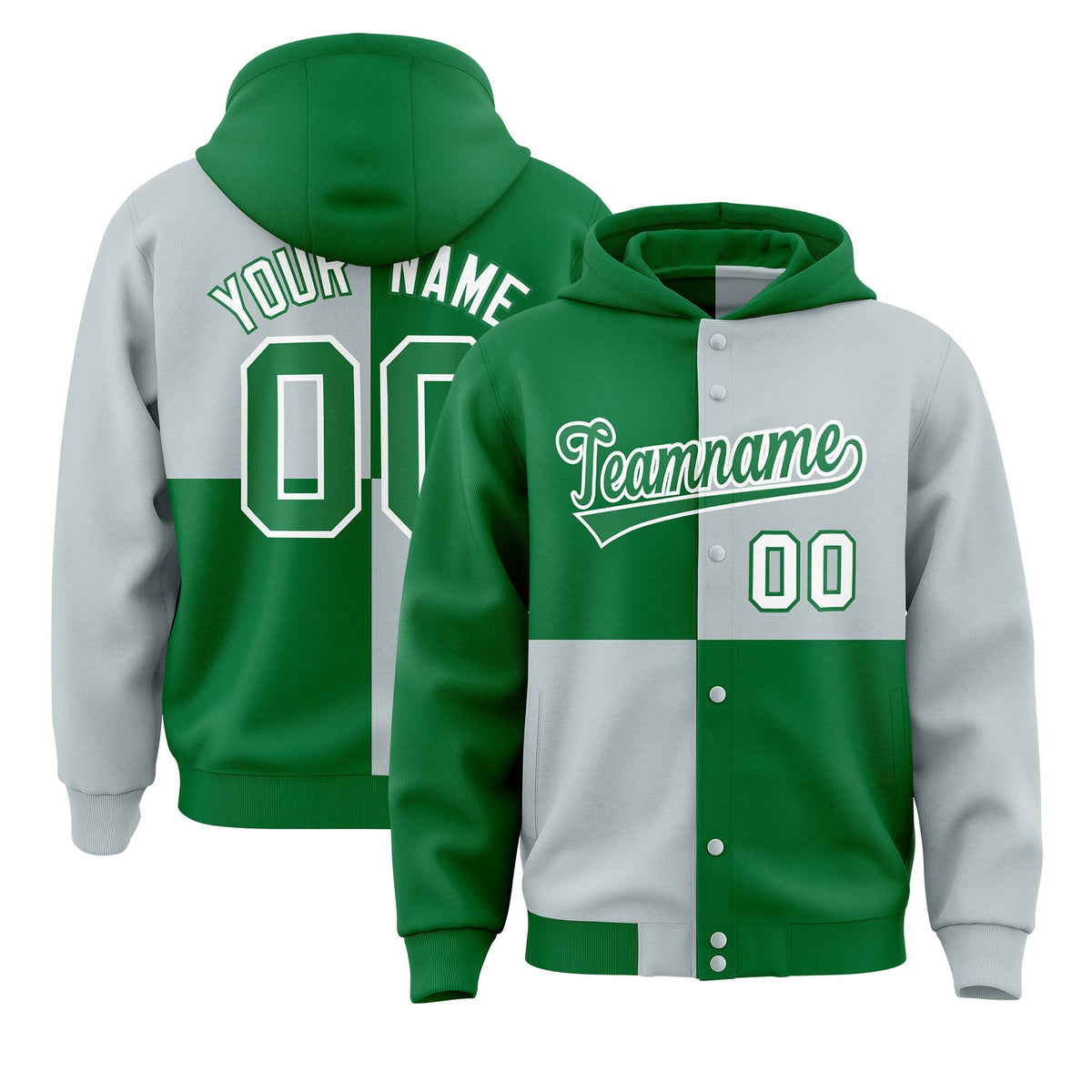 Custom Kelly Green Silver Varsity Full-Snap Four Squares Color Block Letterman Jacket Hoodie| KXKSHOP