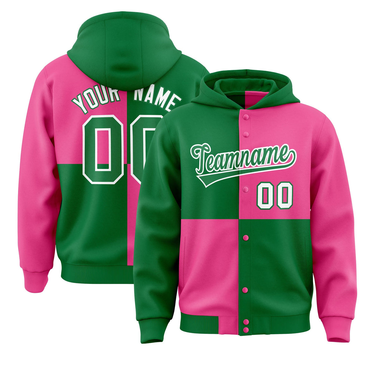 Custom Kelly Green Pink Varsity Full-Snap Four Squares Color Block Letterman Jacket Hoodie| KXKSHOP