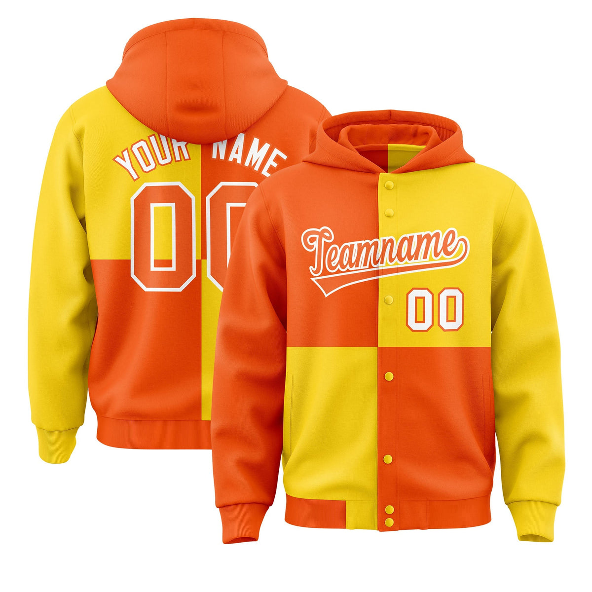 Custom Orange Gold Varsity Full-Snap Four Squares Color Block Letterman Jacket Hoodie| KXKSHOP