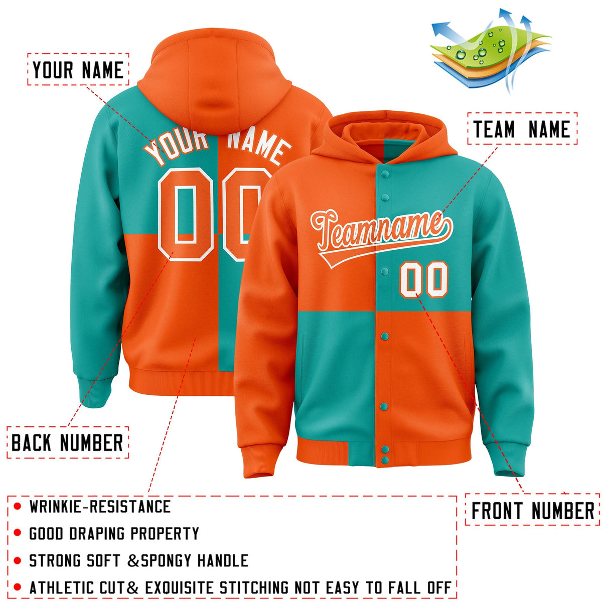 Custom Orange Aqua Varsity Full-Snap Four Squares Color Block Letterman Jacket Hoodie| KXKSHOP