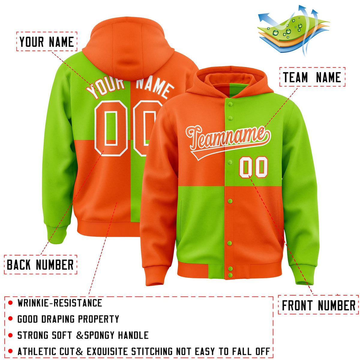 Custom Orange Neon Green Varsity Full-Snap Four Squares Color Block Letterman Jacket Hoodie| KXKSHOP