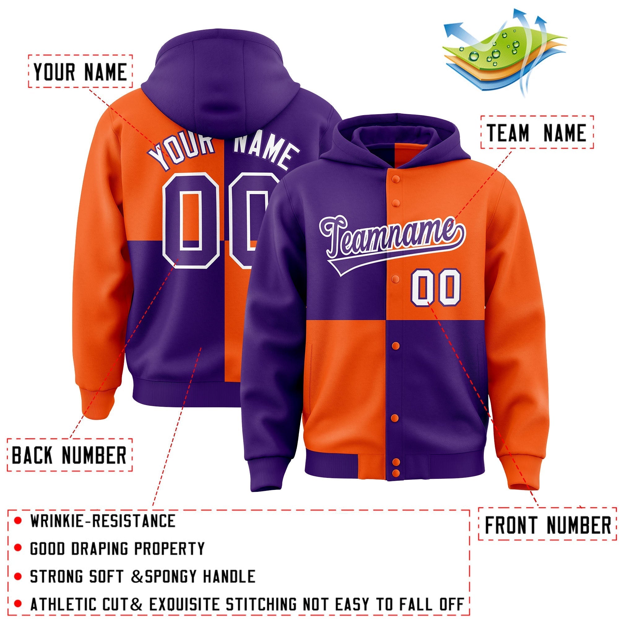 Custom Purple Orange Varsity Full-Snap Four Squares Color Block Letterman Jacket Hoodie| KXKSHOP
