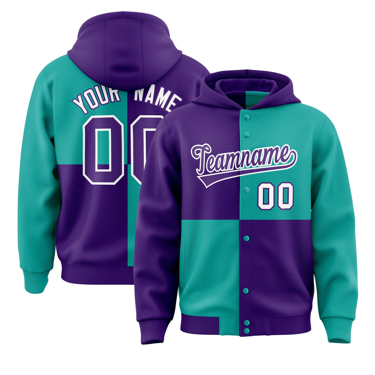 Custom Purple Aqua Varsity Full-Snap Four Squares Color Block Letterman Jacket Hoodie| KXKSHOP