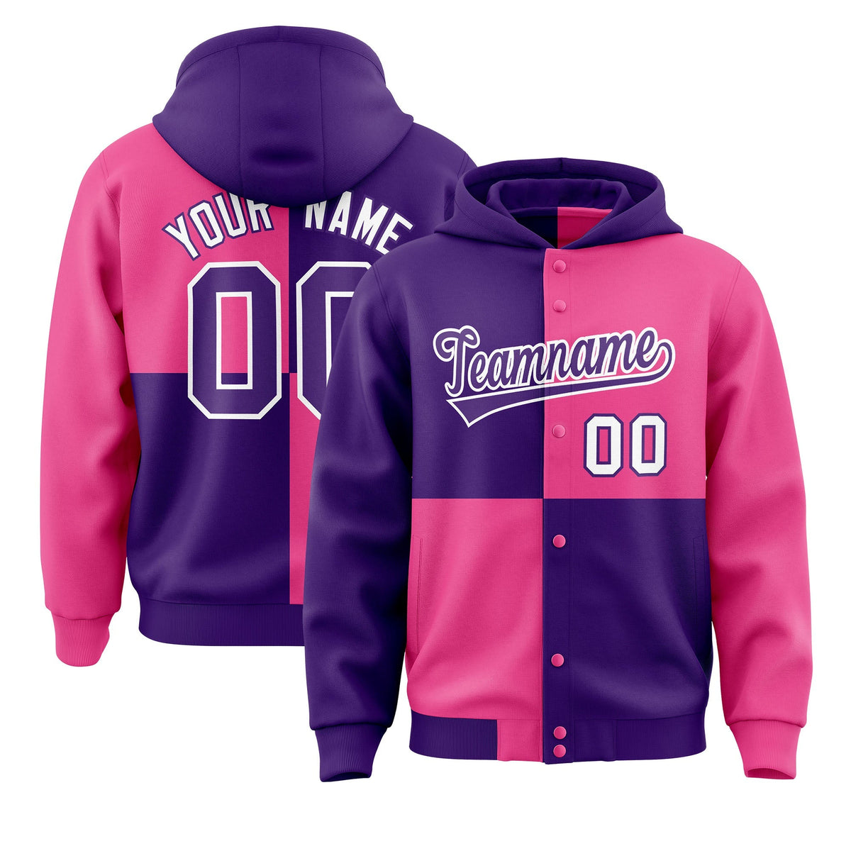 Custom Purple Pink Varsity Full-Snap Four Squares Color Block Letterman Jacket Hoodie| KXKSHOP