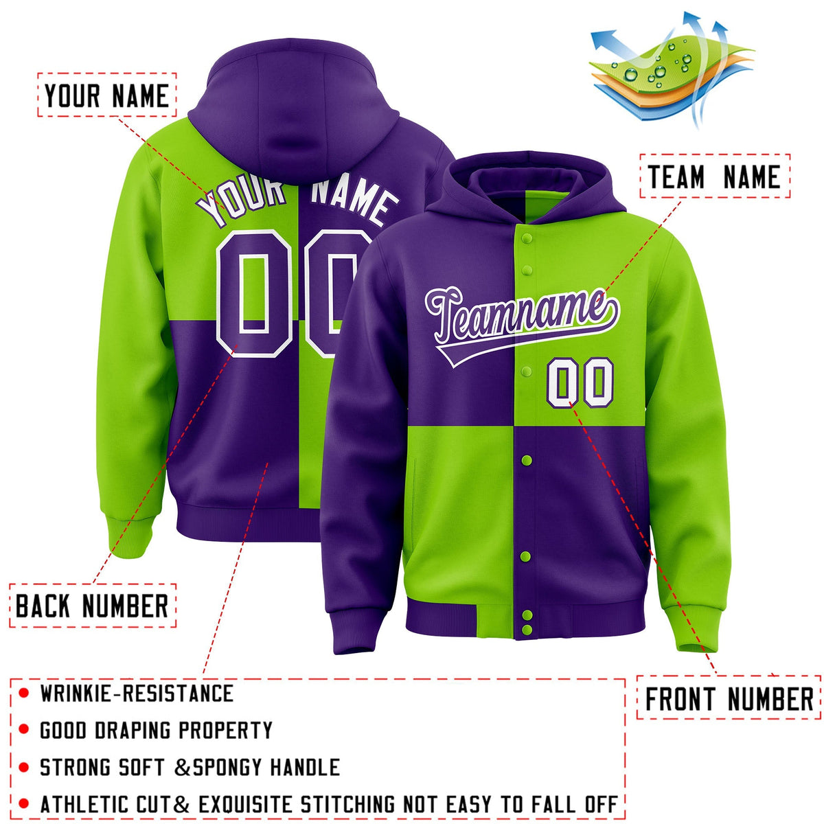 Custom Purple Neon Green Varsity Full-Snap Four Squares Color Block Letterman Jacket Hoodie| KXKSHOP