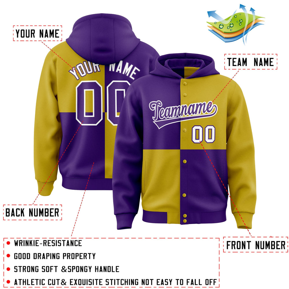 Custom Purple Old Gold Varsity Full-Snap Four Squares Color Block Letterman Jacket Hoodie| KXKSHOP