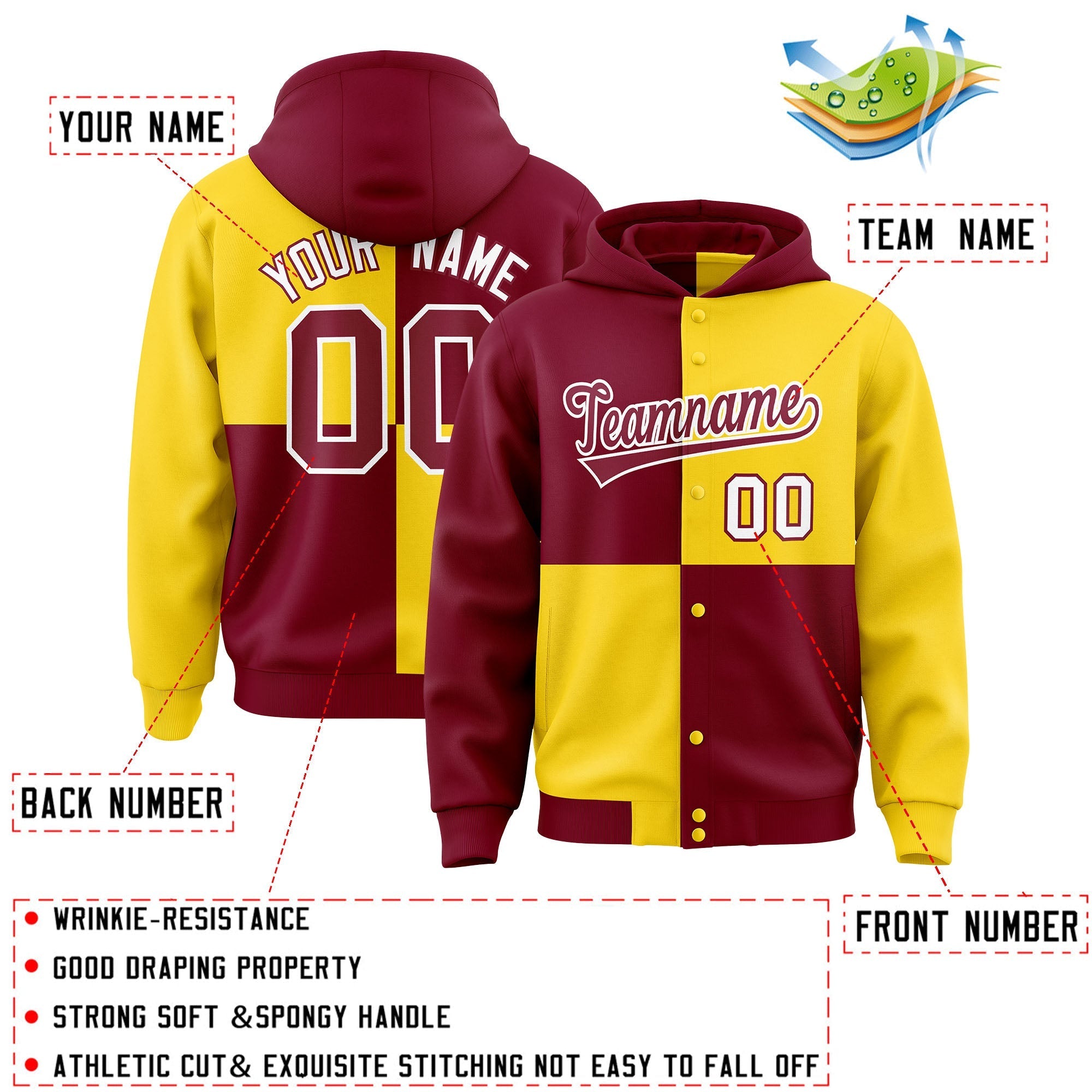 Custom Crimson Gold Varsity Full-Snap Four Squares Color Block Letterman Jacket Hoodie| KXKSHOP