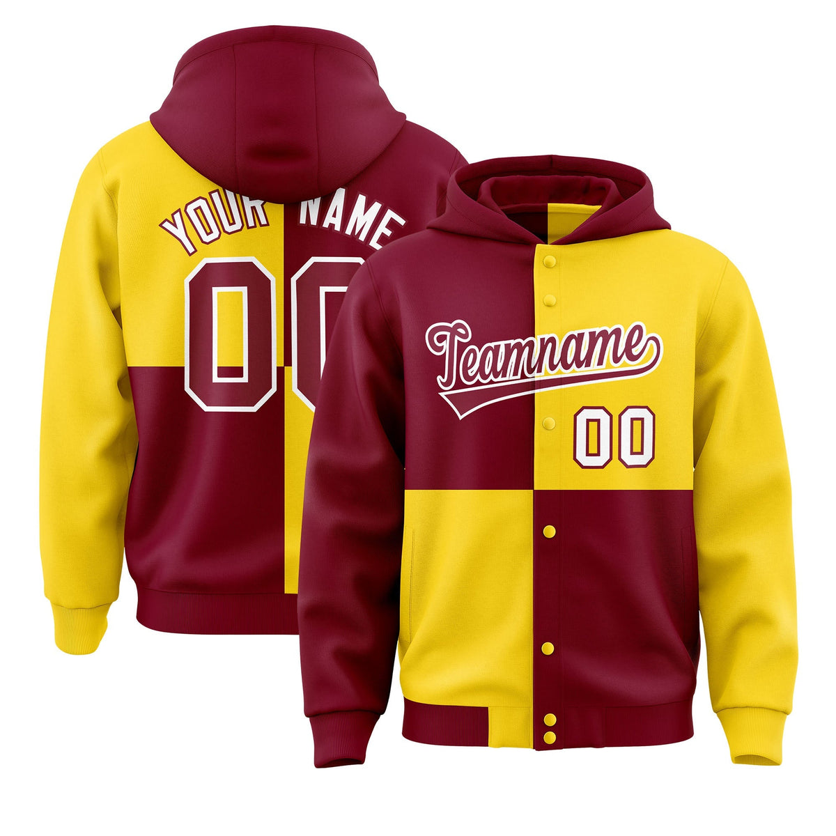Custom Crimson Gold Varsity Full-Snap Four Squares Color Block Letterman Jacket Hoodie| KXKSHOP