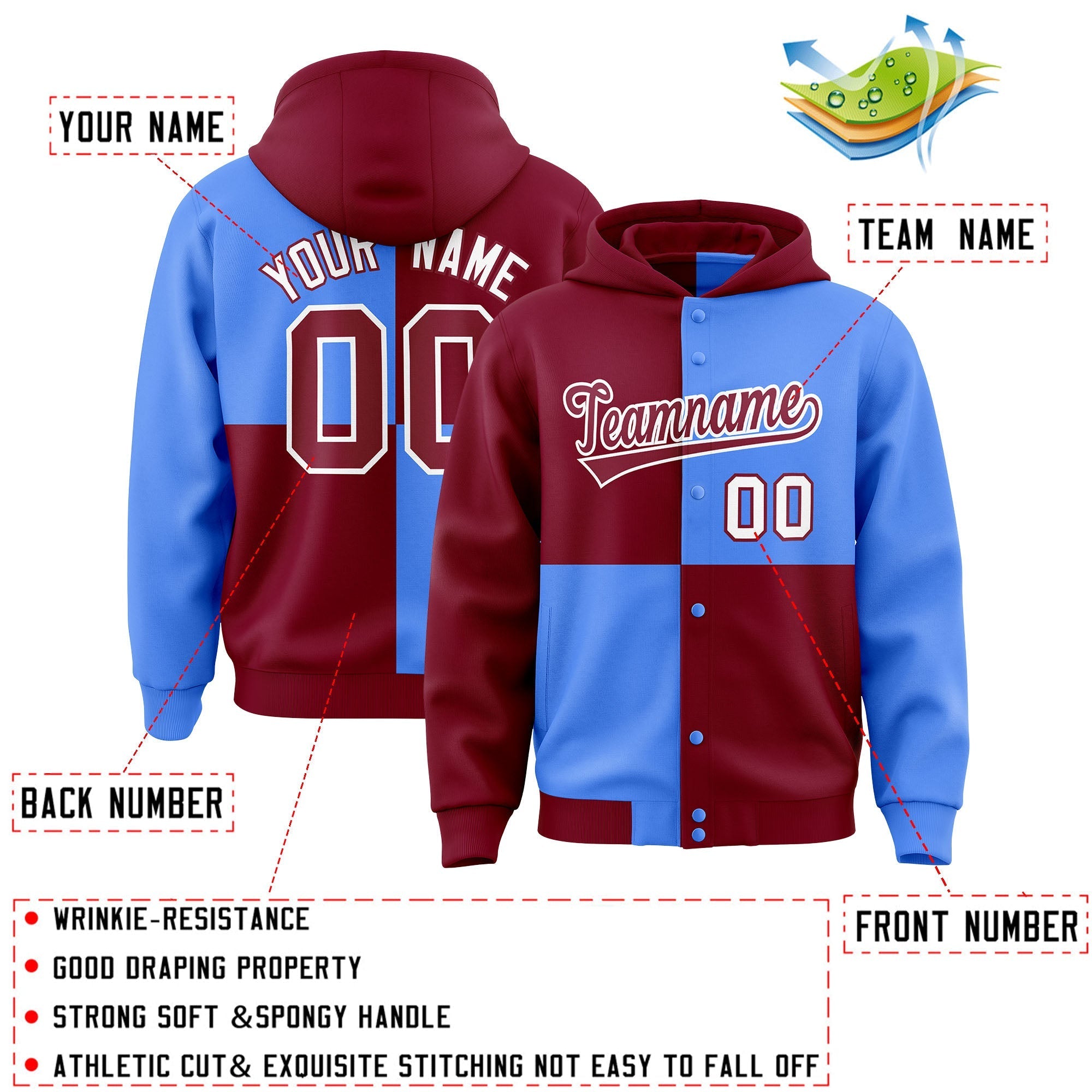 Custom Crimson Powder Blue Varsity Full-Snap Four Squares Color Block Letterman Jacket Hoodie| KXKSHOP