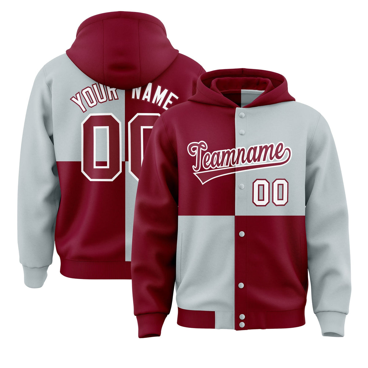 Custom Crimson Silver Varsity Full-Snap Four Squares Color Block Letterman Jacket Hoodie| KXKSHOP
