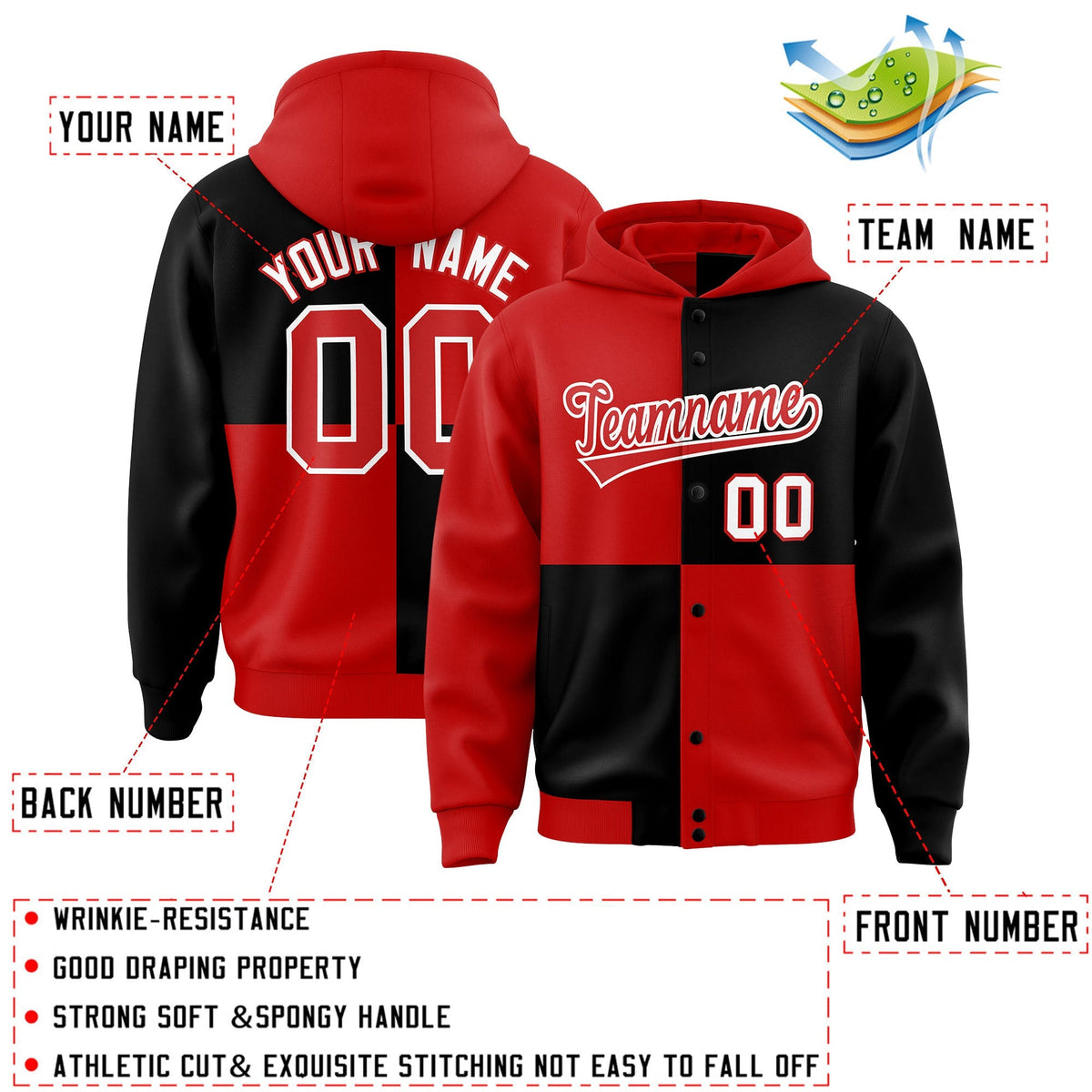 Custom Red Black Varsity Full-Snap Four Squares Color Block Letterman Jacket Hoodie| KXKSHOP