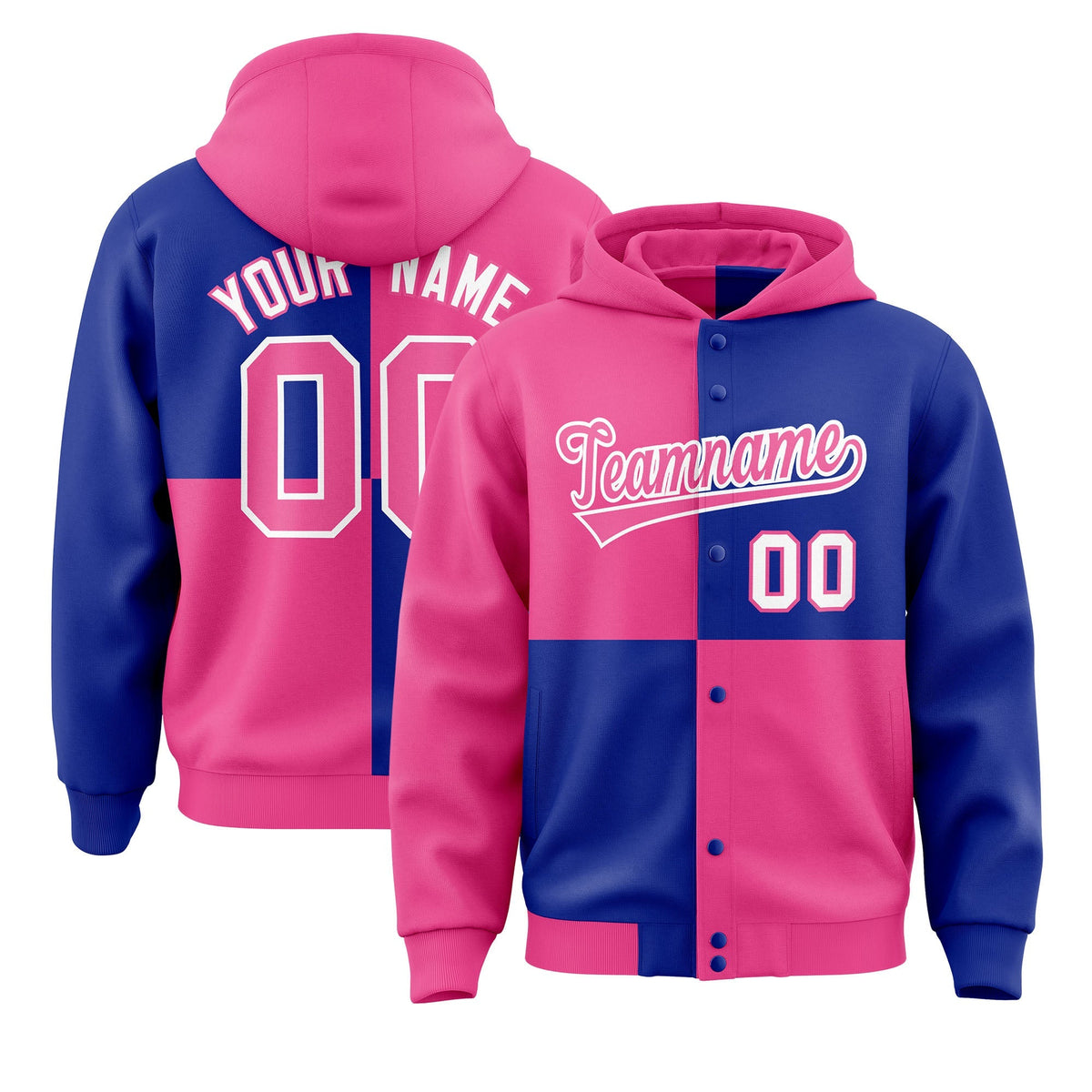 Custom Pink Royal Varsity Full-Snap Four Squares Color Block Letterman Jacket Hoodie| KXKSHOP