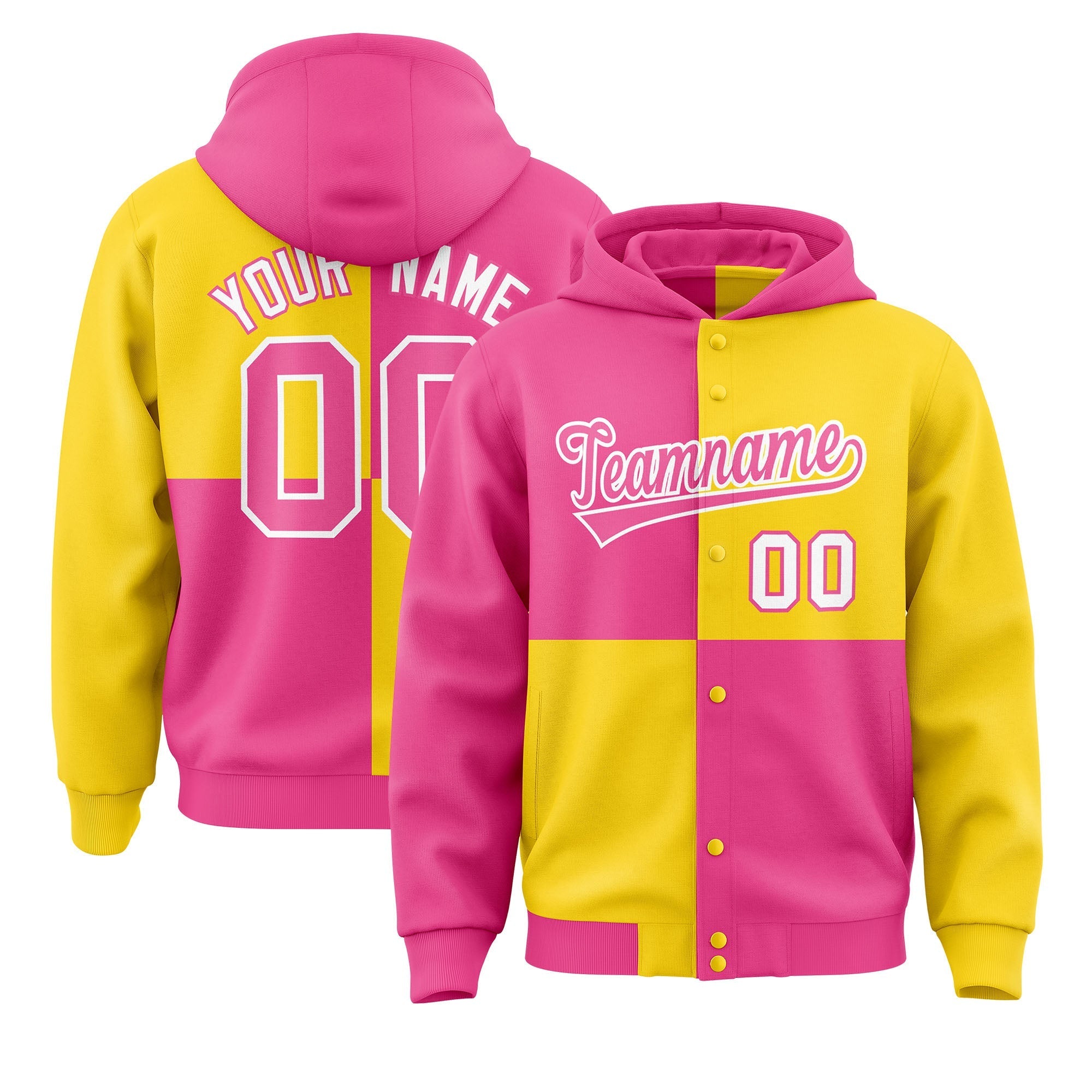 Custom Pink Gold Varsity Full-Snap Four Squares Color Block Letterman Jacket Hoodie| KXKSHOP