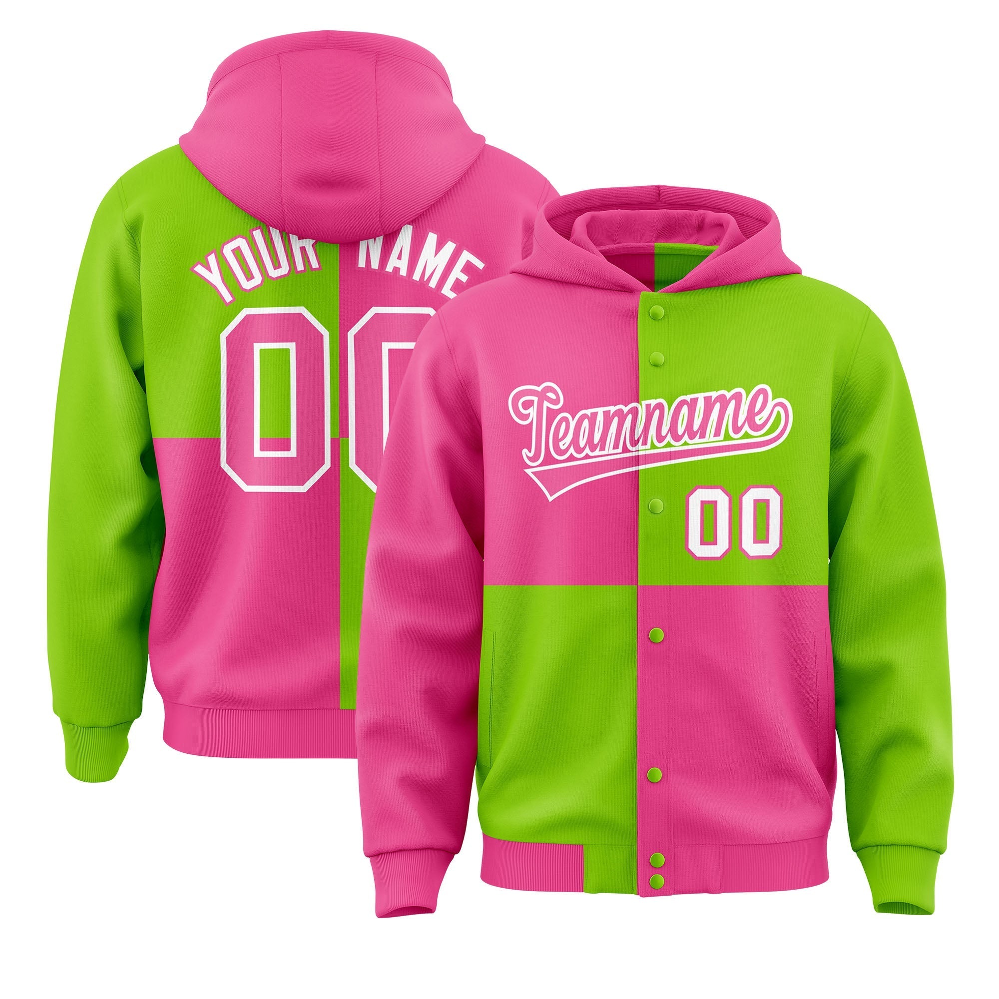 Custom Pink Neon Green Varsity Full-Snap Four Squares Color Block Letterman Jacket Hoodie| KXKSHOP