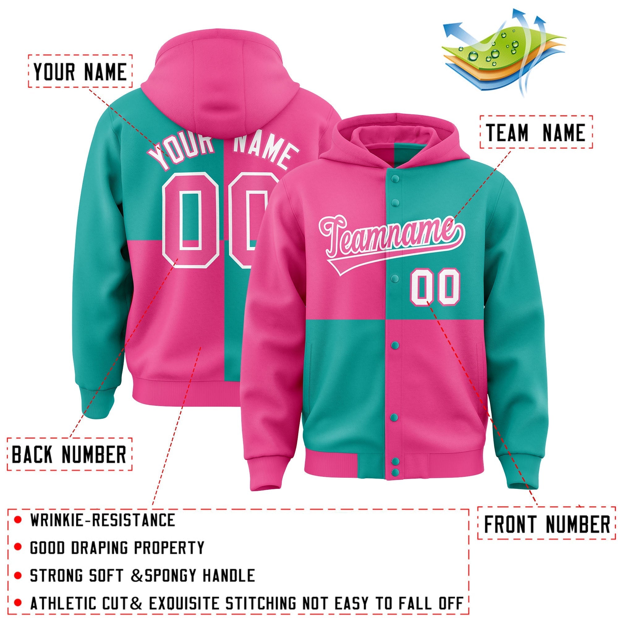 Custom Pink Aqua Varsity Full-Snap Four Squares Color Block Letterman Jacket Hoodie| KXKSHOP
