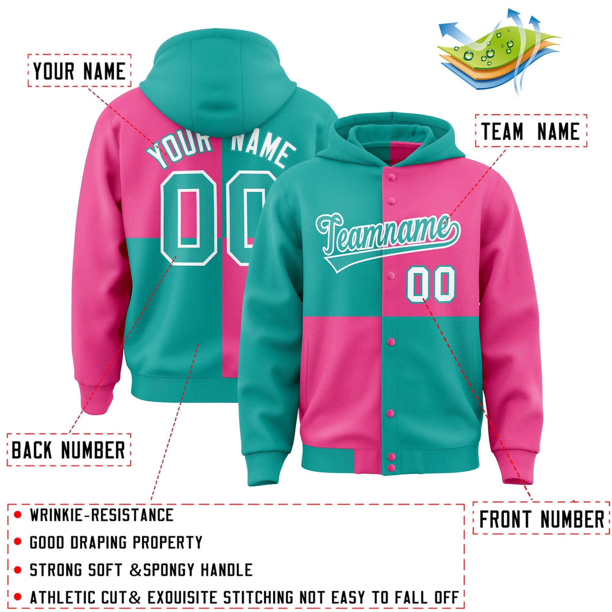 Custom Aqua Pink Varsity Full-Snap Four Squares Color Block Letterman Jacket Hoodie| KXKSHOP