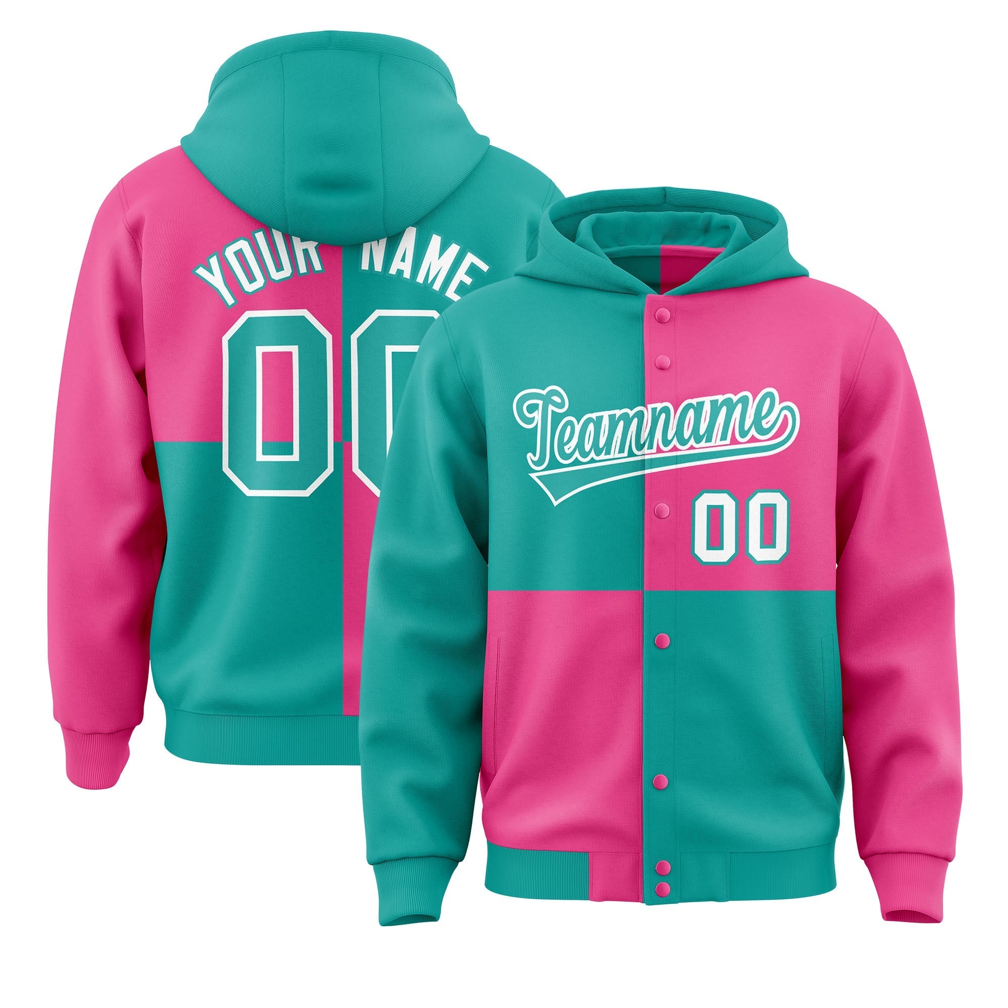 Custom Aqua Pink Varsity Full-Snap Four Squares Color Block Letterman Jacket Hoodie| KXKSHOP