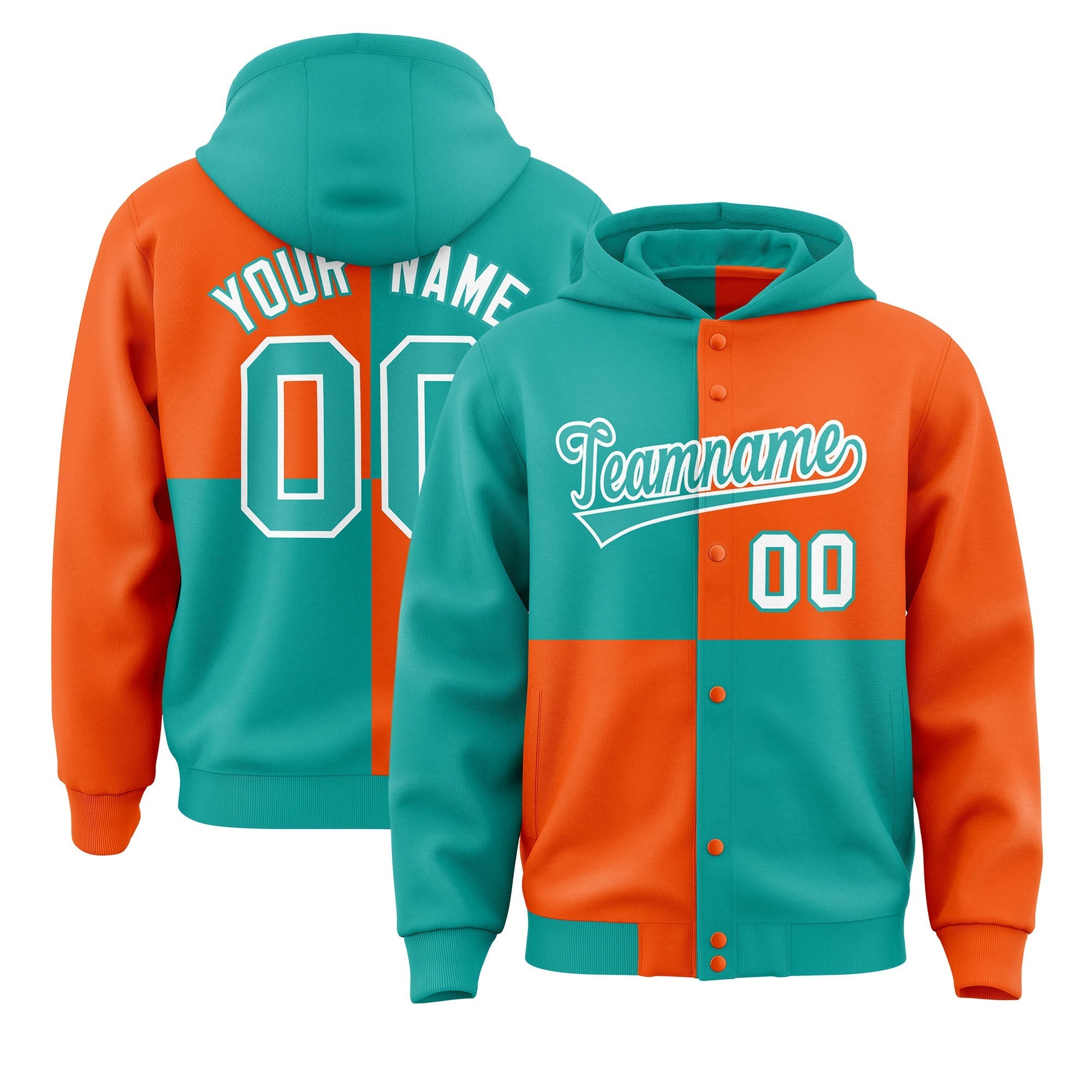 Custom Aqua Orange Varsity Full-Snap Four Squares Color Block Letterman Jacket Hoodie| KXKSHOP