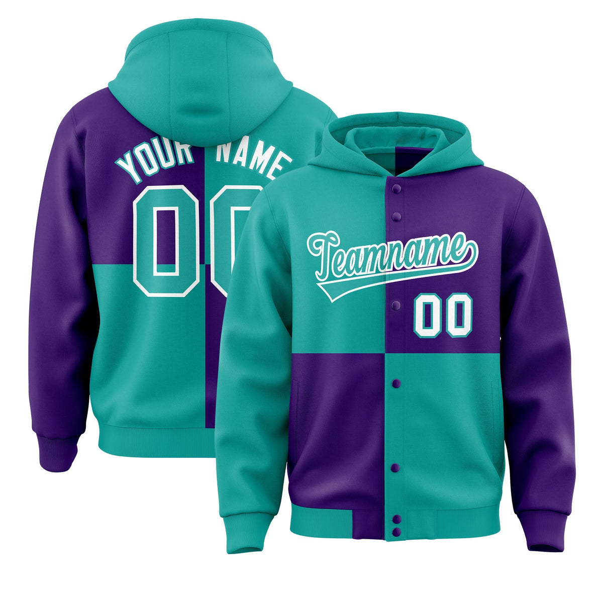 Custom Aqua Purple Varsity Full-Snap Four Squares Color Block Letterman Jacket Hoodie| KXKSHOP