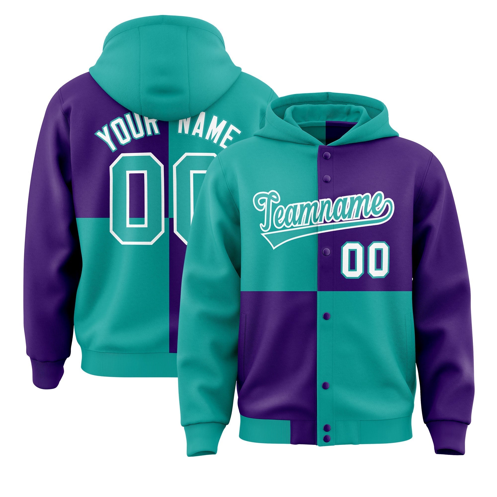 Custom Aqua Purple Varsity Full-Snap Four Squares Color Block Letterman Jacket Hoodie| KXKSHOP
