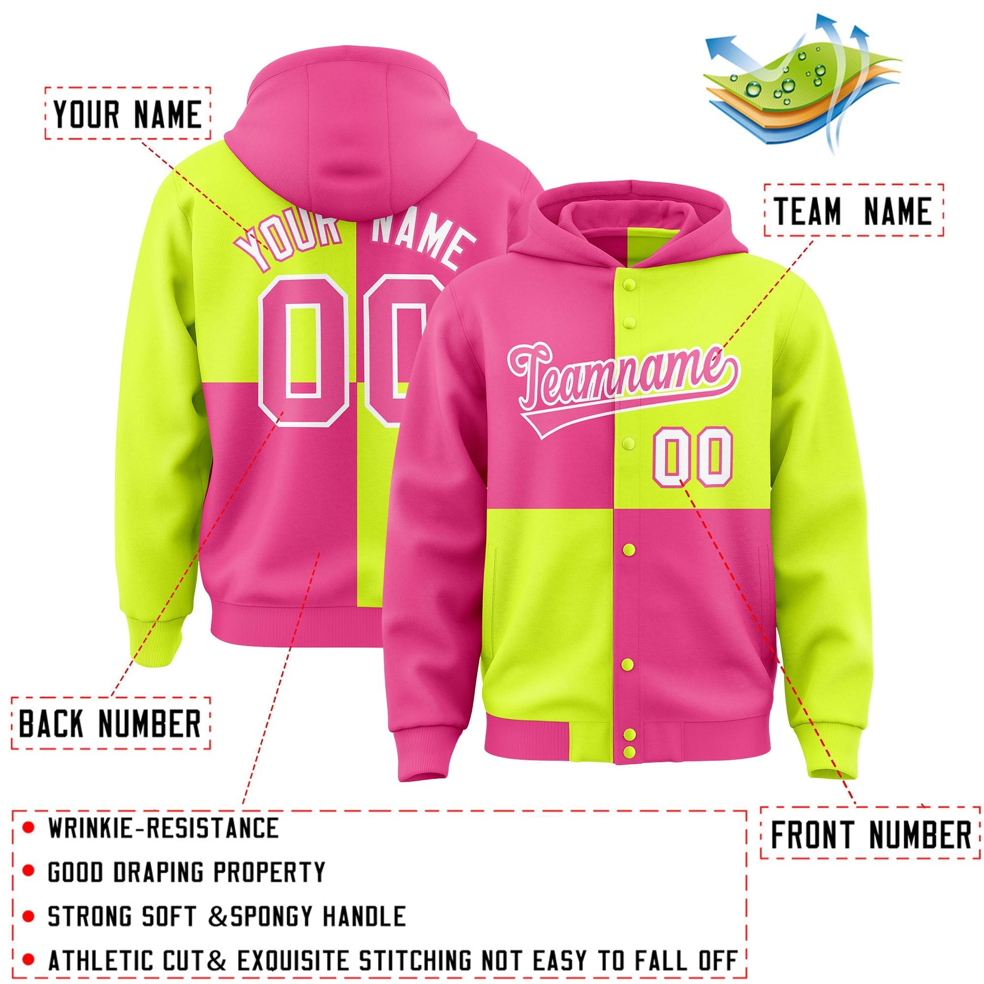 Custom Pink Green Varsity Full-Snap Four Squares Color Block Letterman Jacket Hoodie| KXKSHOP