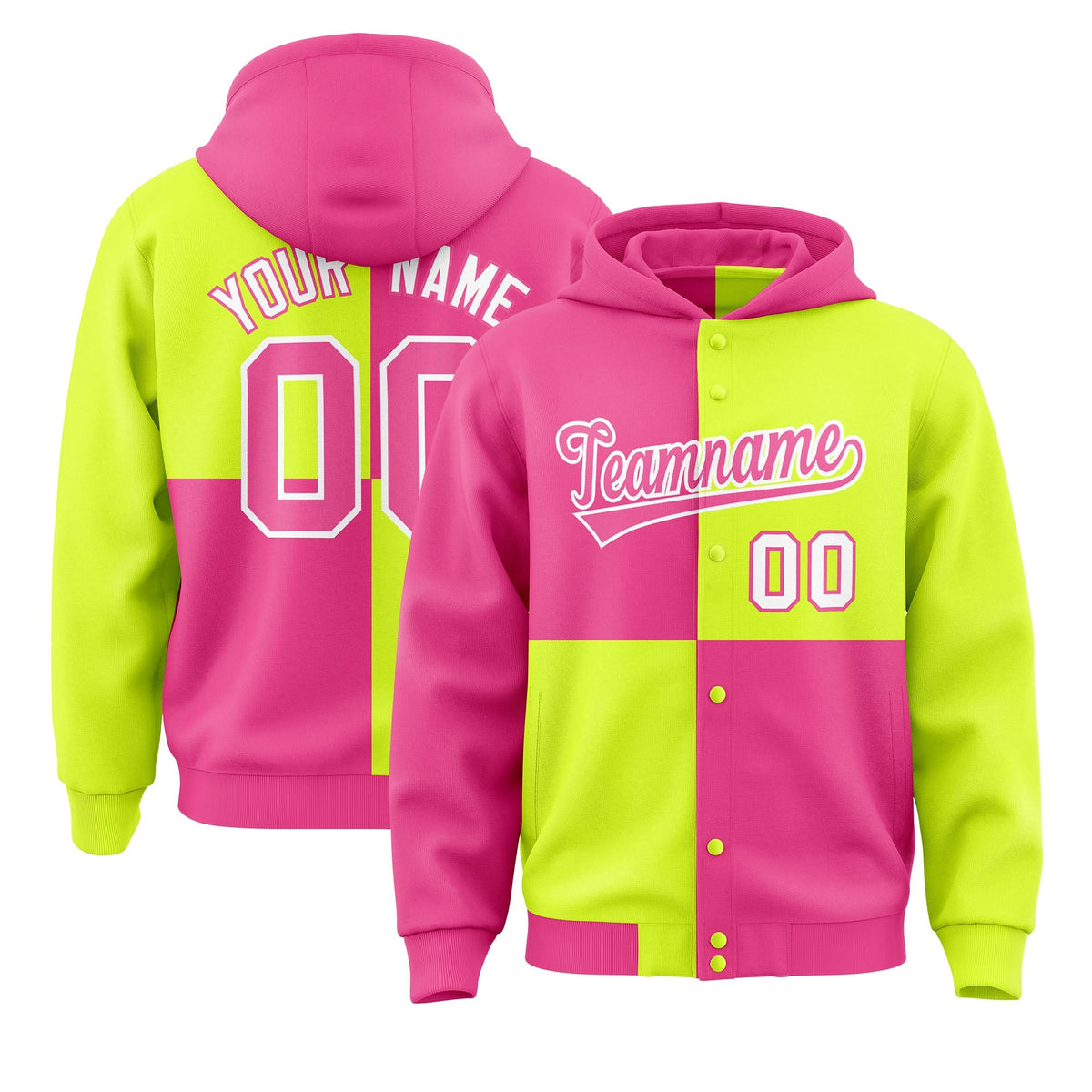 Custom Pink Green Varsity Full-Snap Four Squares Color Block Letterman Jacket Hoodie| KXKSHOP