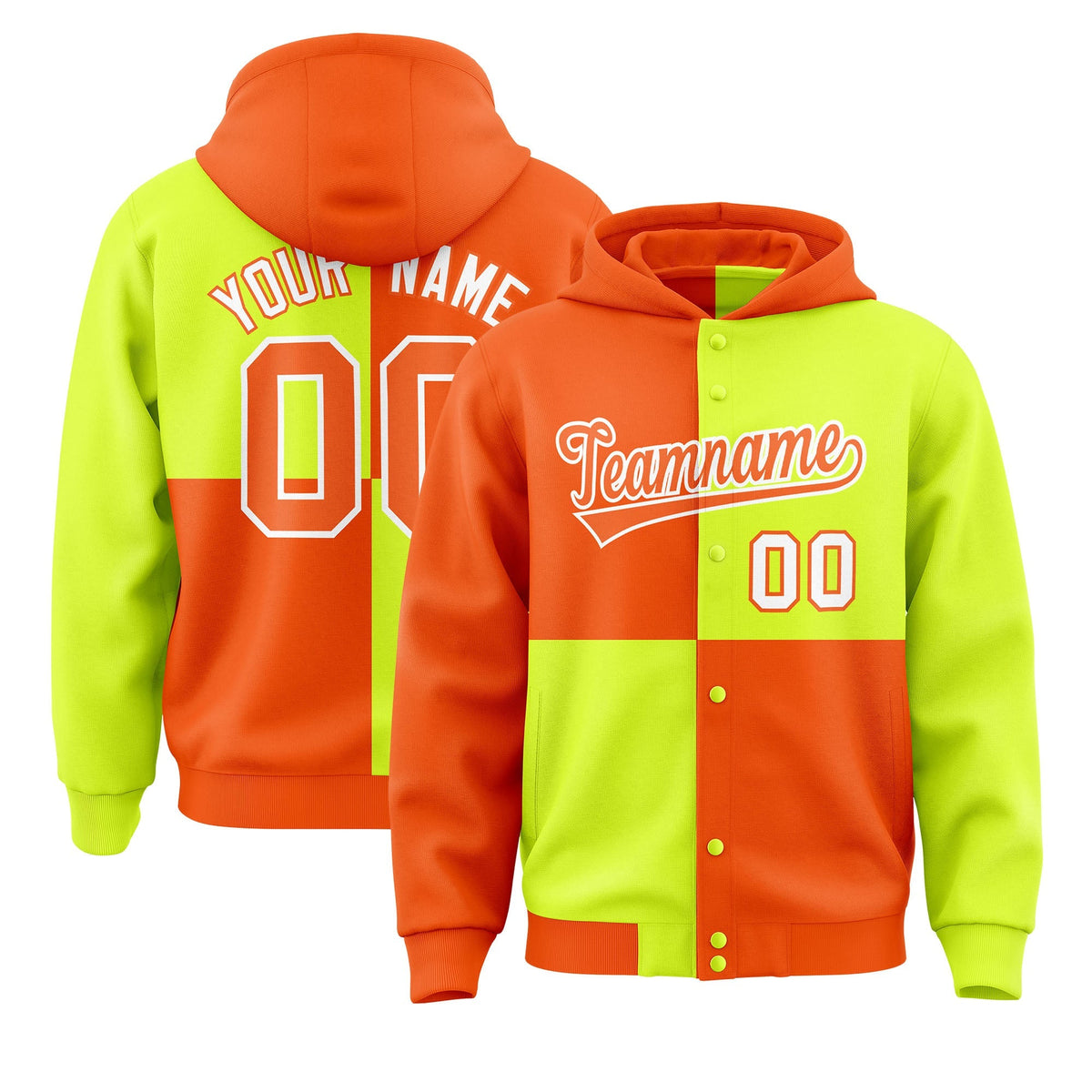 Custom Orange Green Varsity Full-Snap Four Squares Color Block Letterman Jacket Hoodie| KXKSHOP