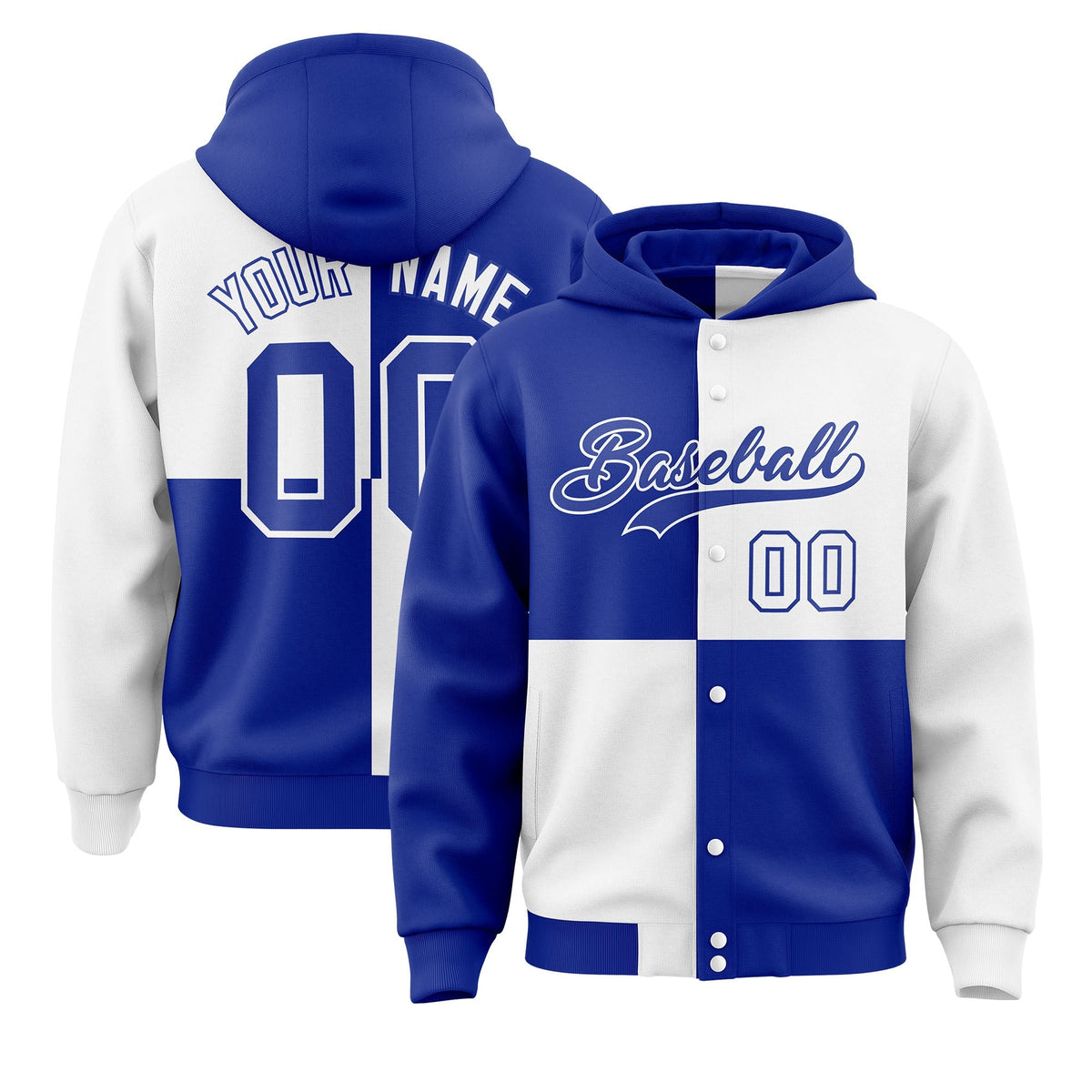 Custom Royal White Varsity Full-Snap Four Squares Color Block Letterman Jacket Hoodie| KXKSHOP