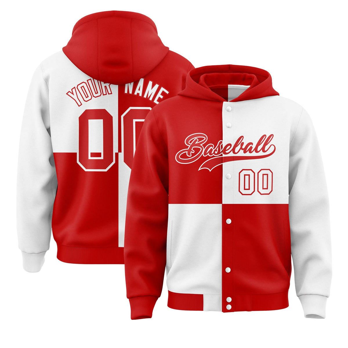 Custom Red White Varsity Full-Snap Four Squares Color Block Letterman Jacket Hoodie| KXKSHOP