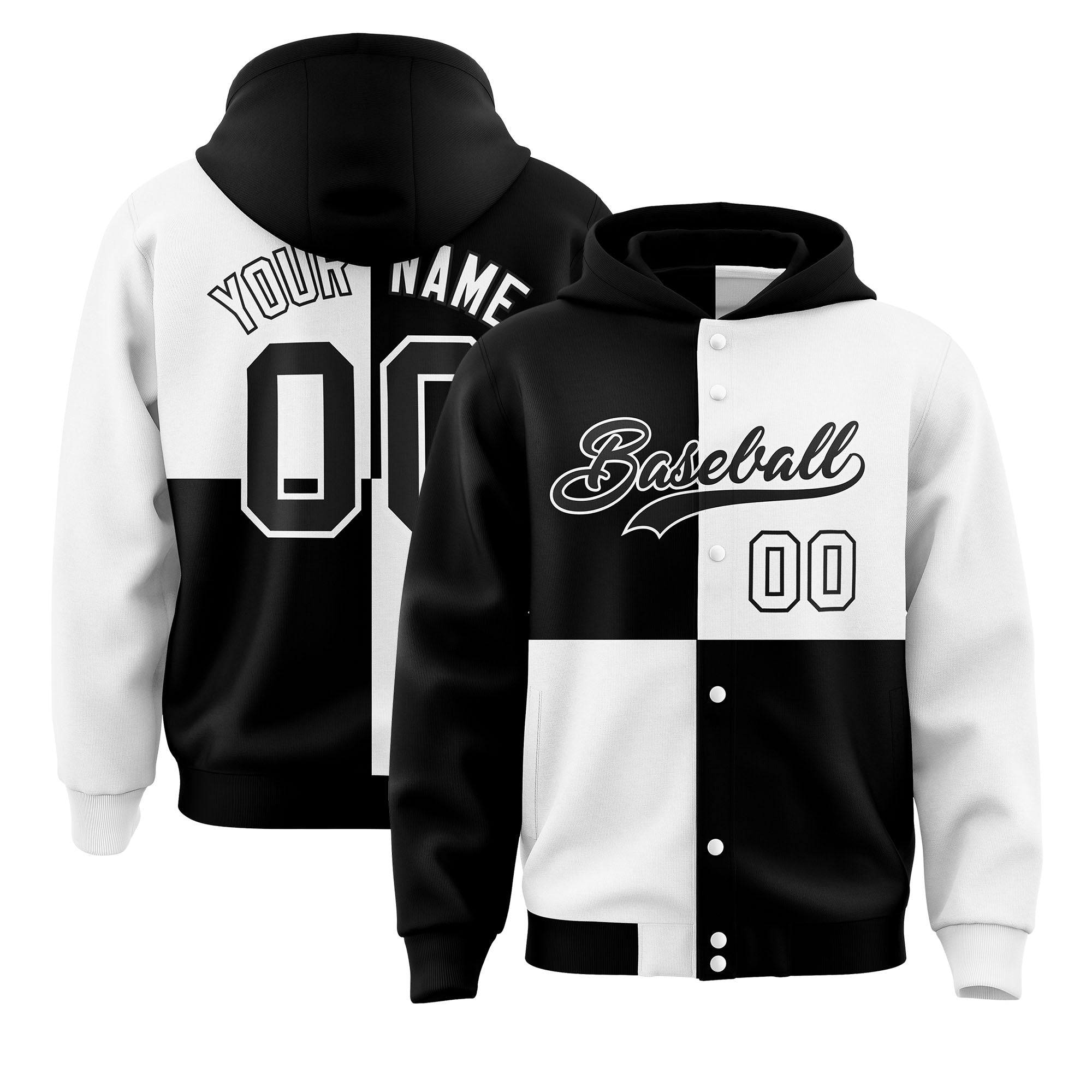 Custom Black White Varsity Full-Snap Four Squares Color Block Letterman Jacket Hoodie| KXKSHOP