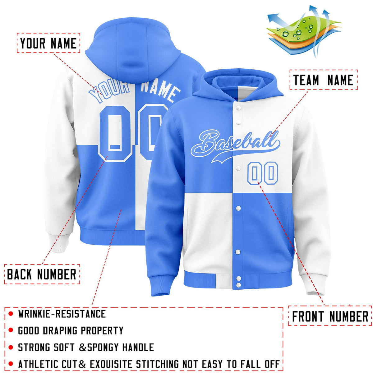 Custom Powder Blue White Varsity Full-Snap Four Squares Color Block Letterman Jacket Hoodie| KXKSHOP