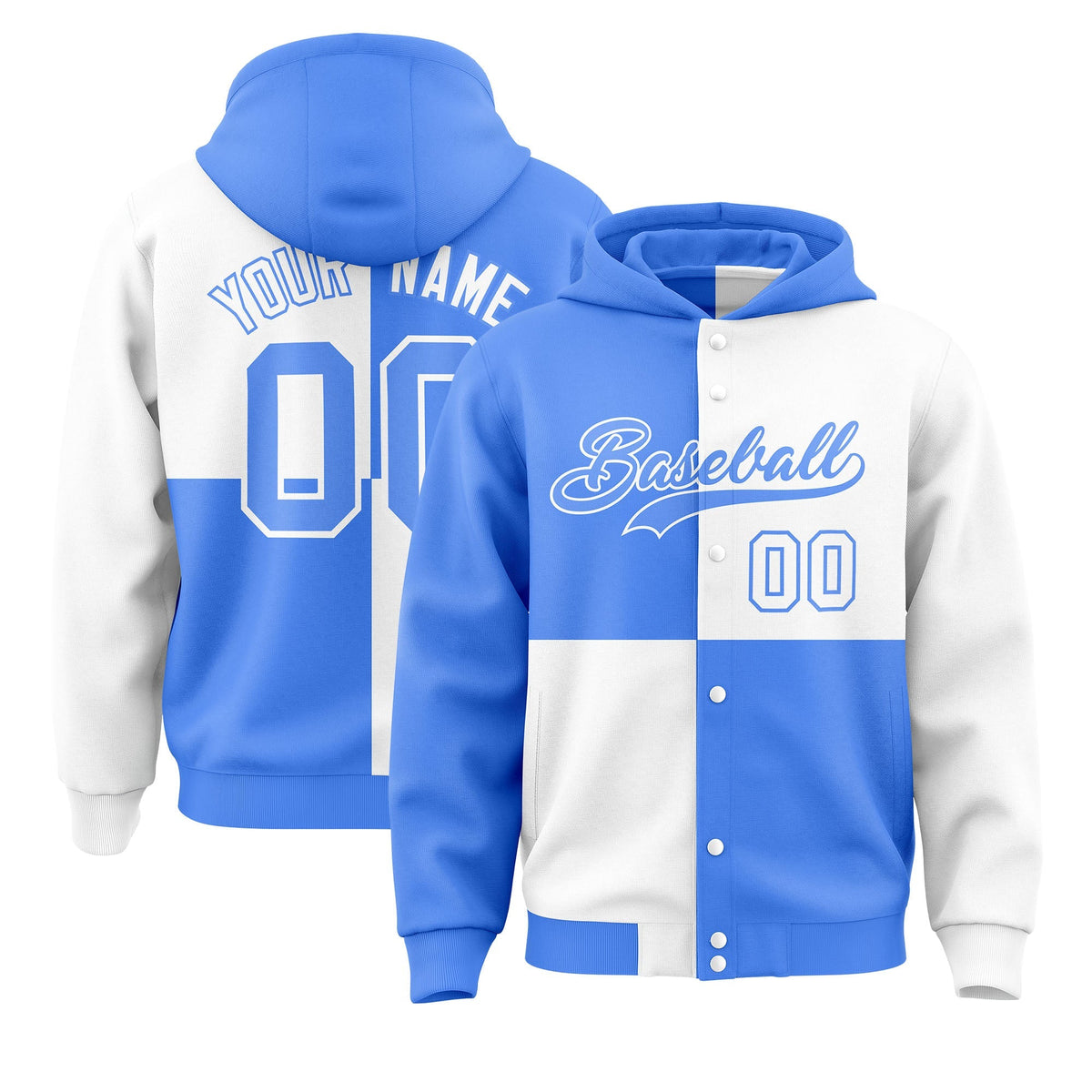 Custom Powder Blue White Varsity Full-Snap Four Squares Color Block Letterman Jacket Hoodie| KXKSHOP