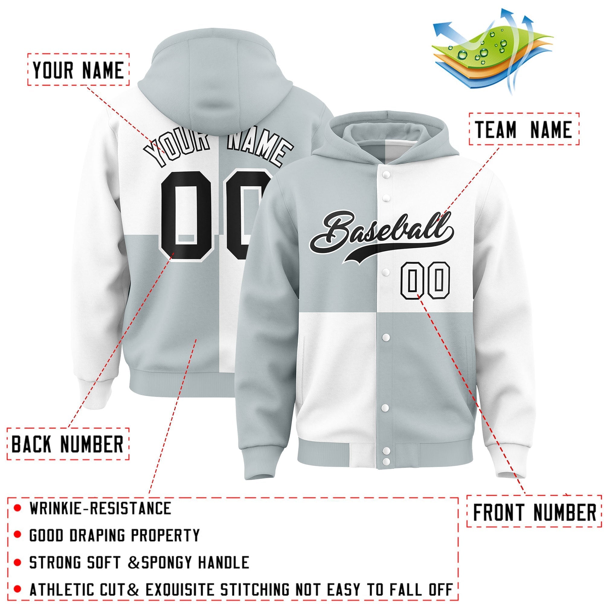 Custom Silver White Varsity Full-Snap Four Squares Color Block Letterman Jacket Hoodie| KXKSHOP
