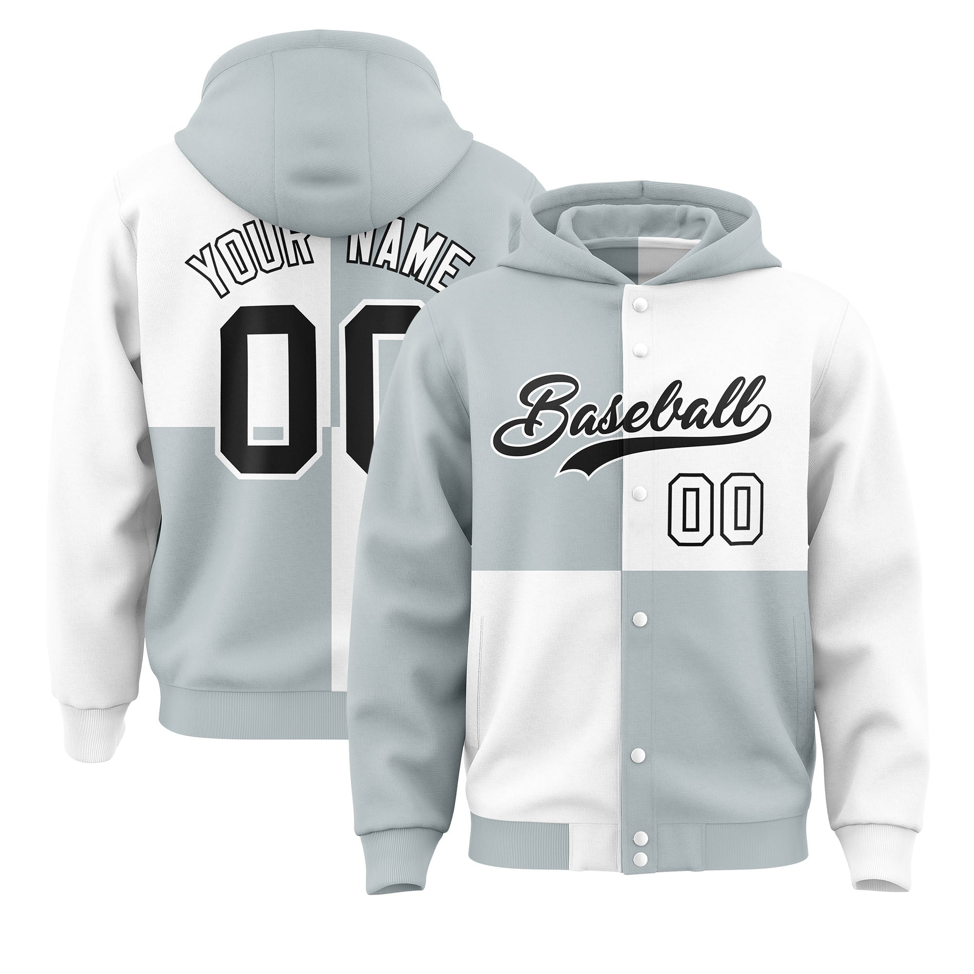 Custom Silver White Varsity Full-Snap Four Squares Color Block Letterman Jacket Hoodie| KXKSHOP