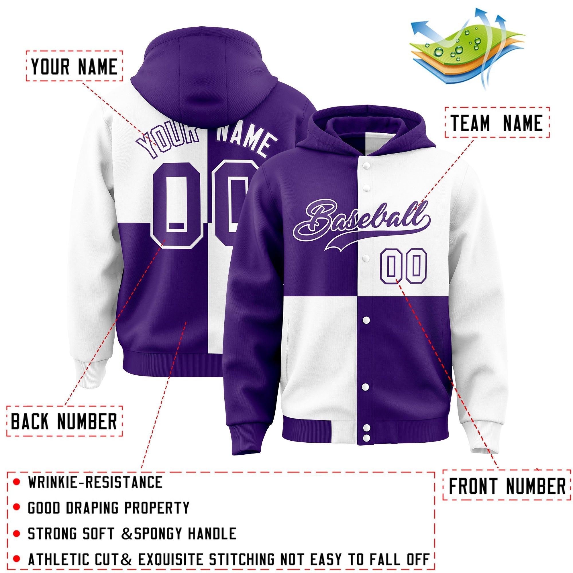 Custom Purple White Varsity Full-Snap Four Squares Color Block Letterman Jacket Hoodie| KXKSHOP
