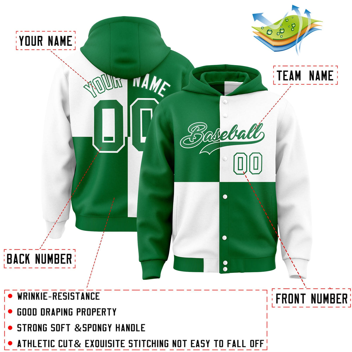 Custom Kelly Green White Varsity Full-Snap Four Squares Color Block Letterman Jacket Hoodie| KXKSHOP