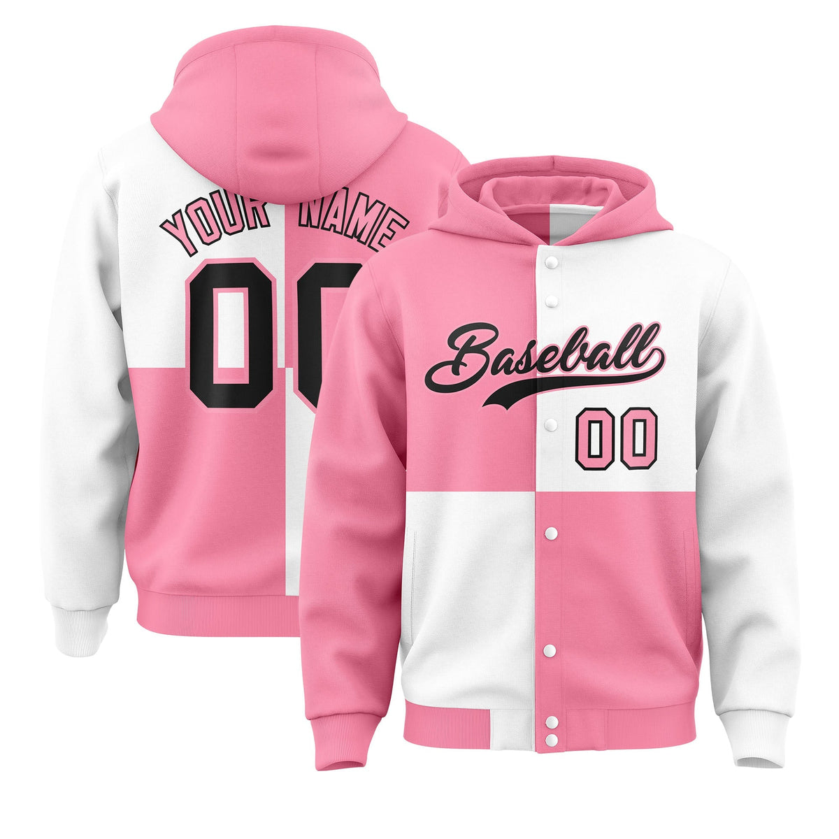 Custom Light Pink White Varsity Full-Snap Four Squares Color Block Letterman Jacket Hoodie| KXKSHOP