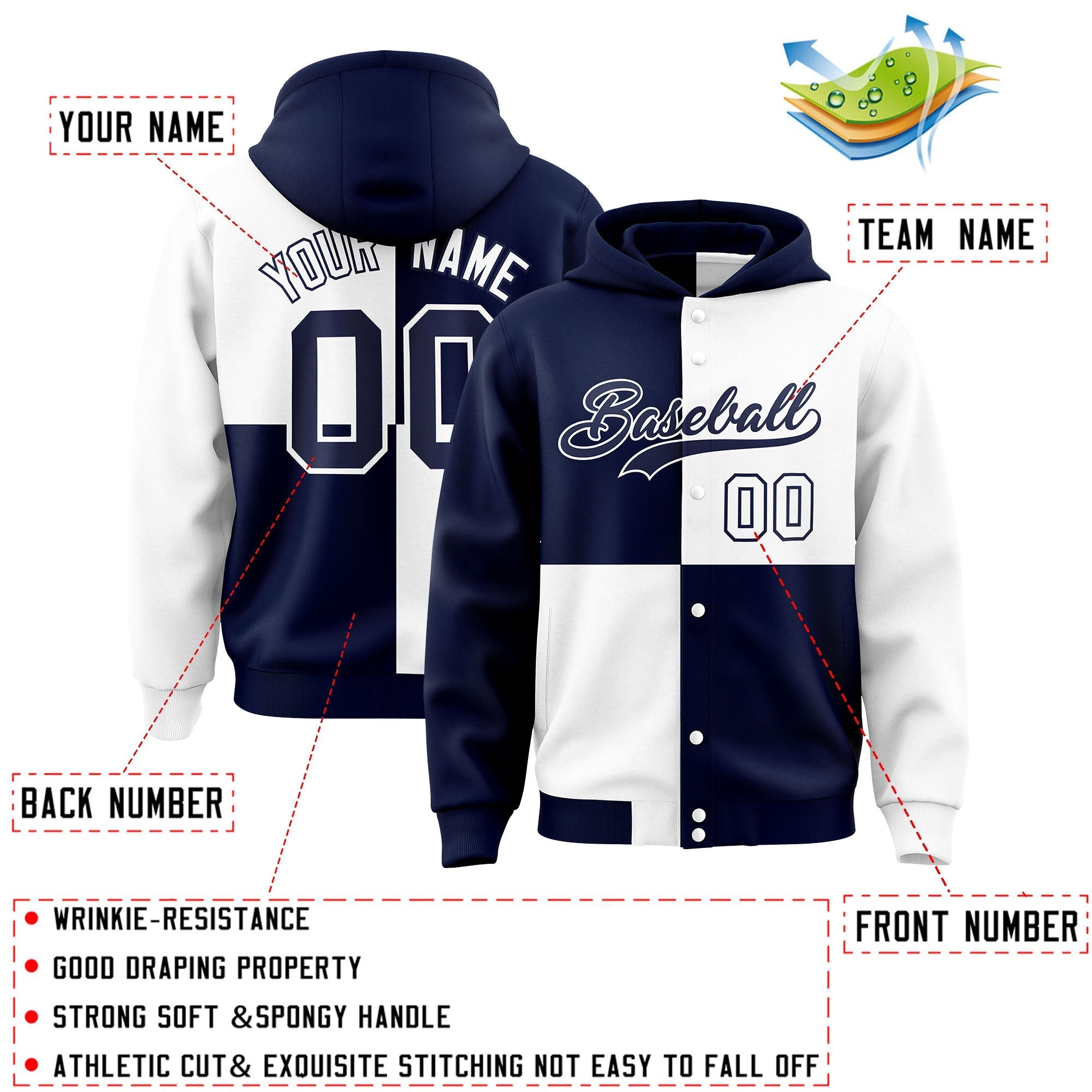 Custom Navy White Varsity Full-Snap Four Squares Color Block Letterman Jacket Hoodie| KXKSHOP