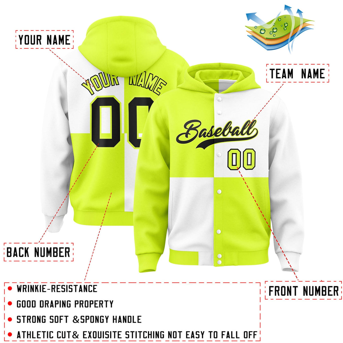 Custom Green White Varsity Full-Snap Four Squares Color Block Letterman Jacket Hoodie| KXKSHOP