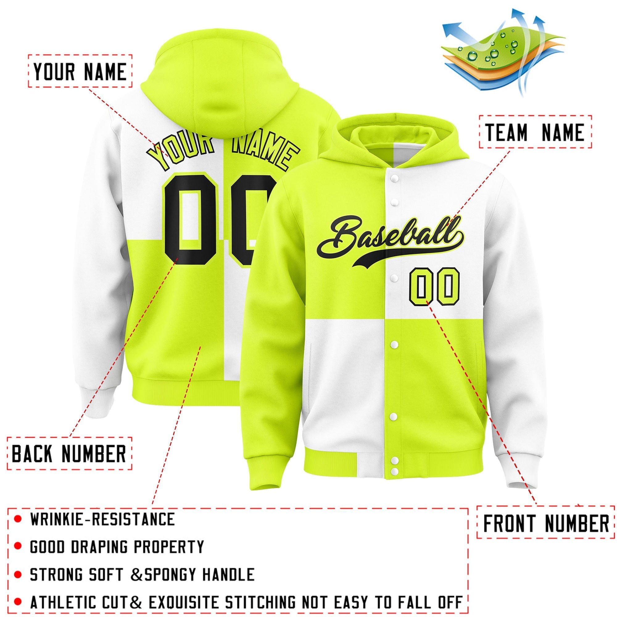Custom Green White Varsity Full-Snap Four Squares Color Block Letterman Jacket Hoodie| KXKSHOP