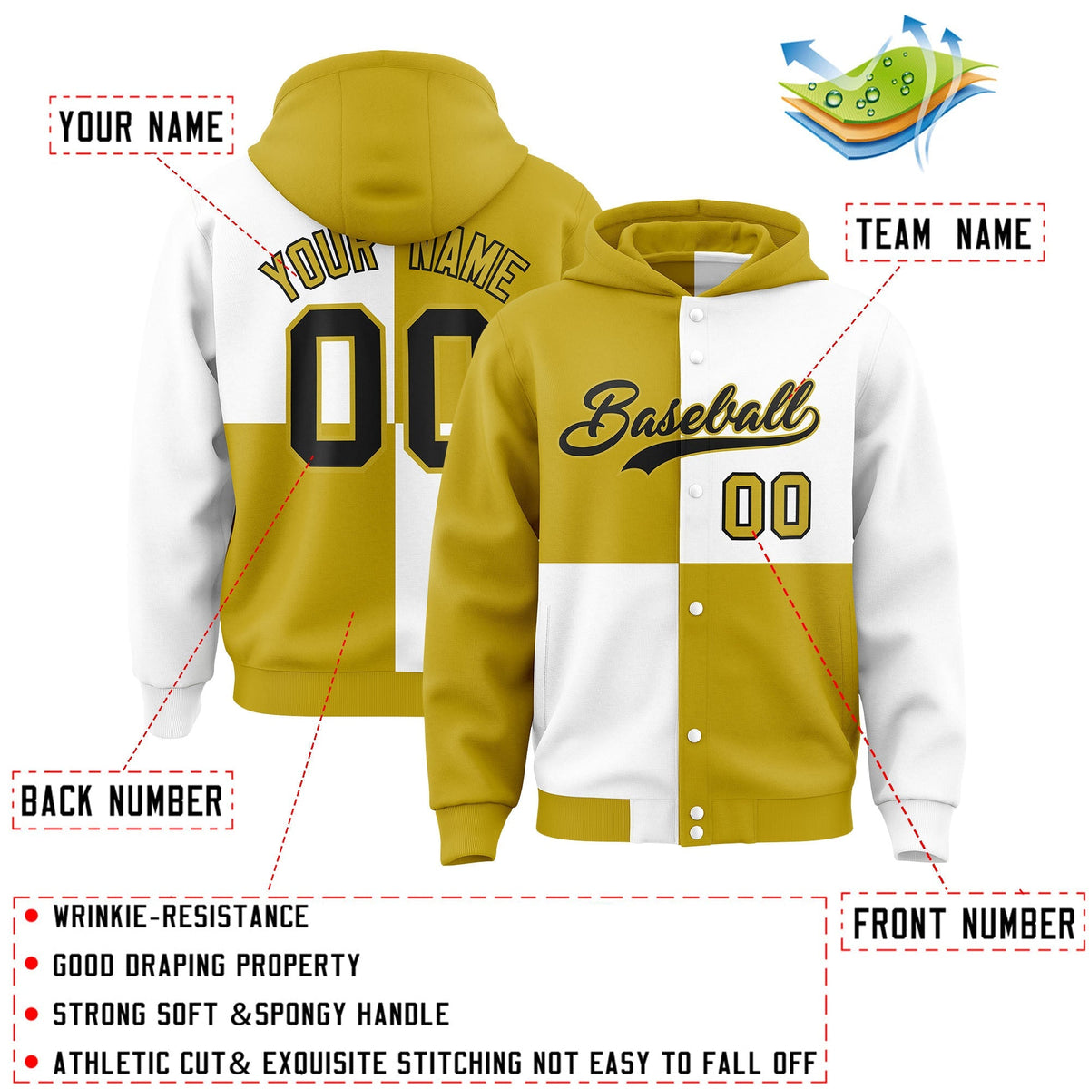 Custom Old Gold White Varsity Full-Snap Four Squares Color Block Letterman Jacket Hoodie| KXKSHOP