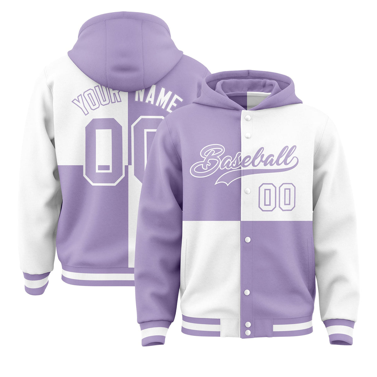 Custom Light Purple White Varsity Full-Snap Four Squares Color Block Letterman Jacket Hoodie| KXKSHOP