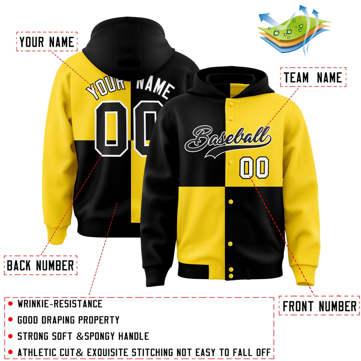 Custom Black Gold Varsity Full-Snap Four Squares Color Block Letterman Jacket Hoodie| KXKSHOP