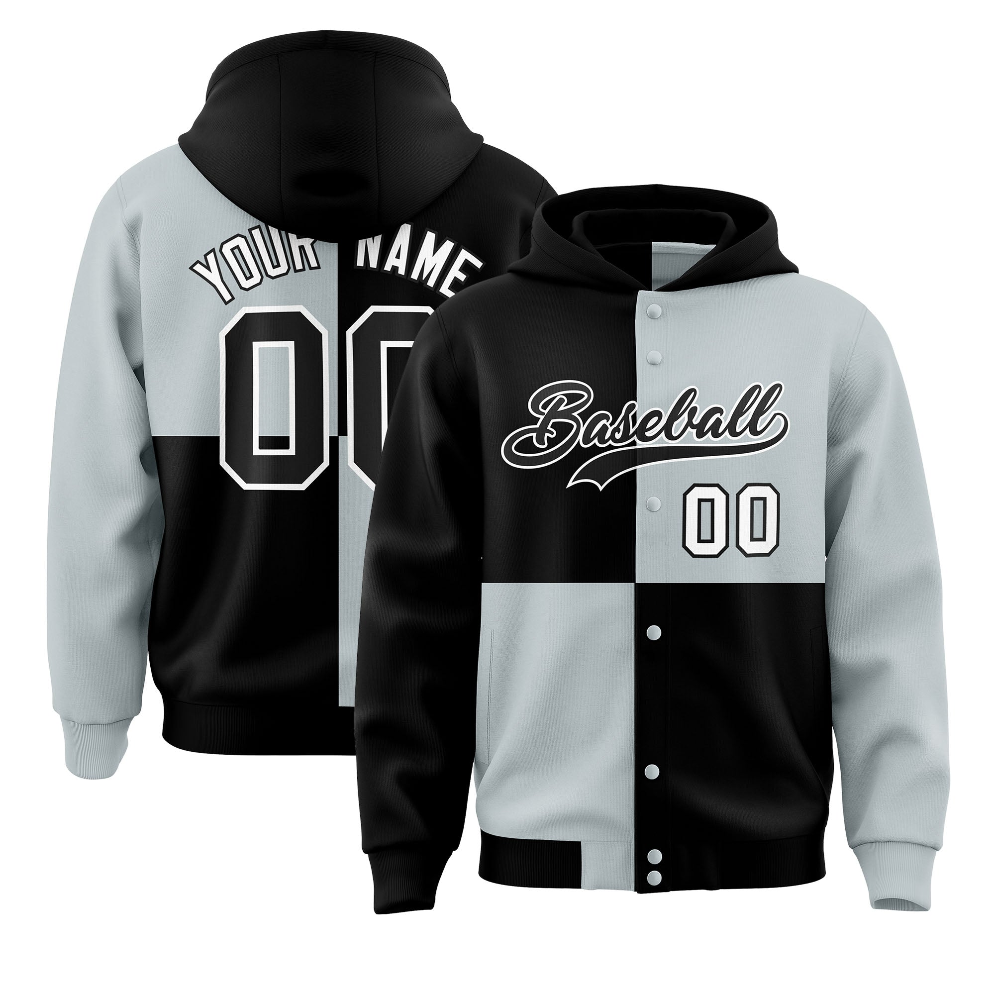 Custom Black Silver Varsity Full-Snap Four Squares Color Block Letterman Jacket Hoodie| KXKSHOP