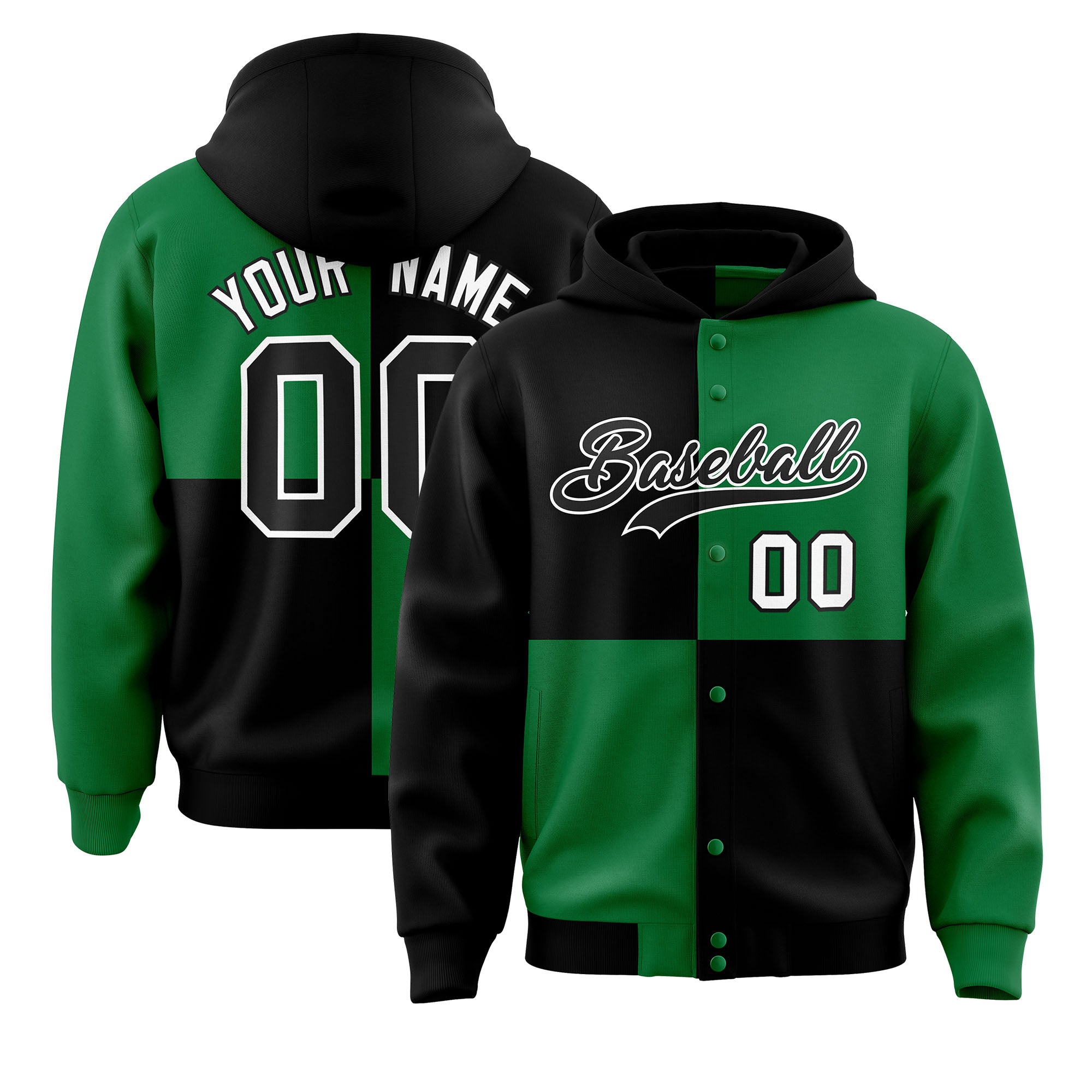Custom Black Kelly Green Varsity Full-Snap Four Squares Color Block Letterman Jacket Hoodie| KXKSHOP