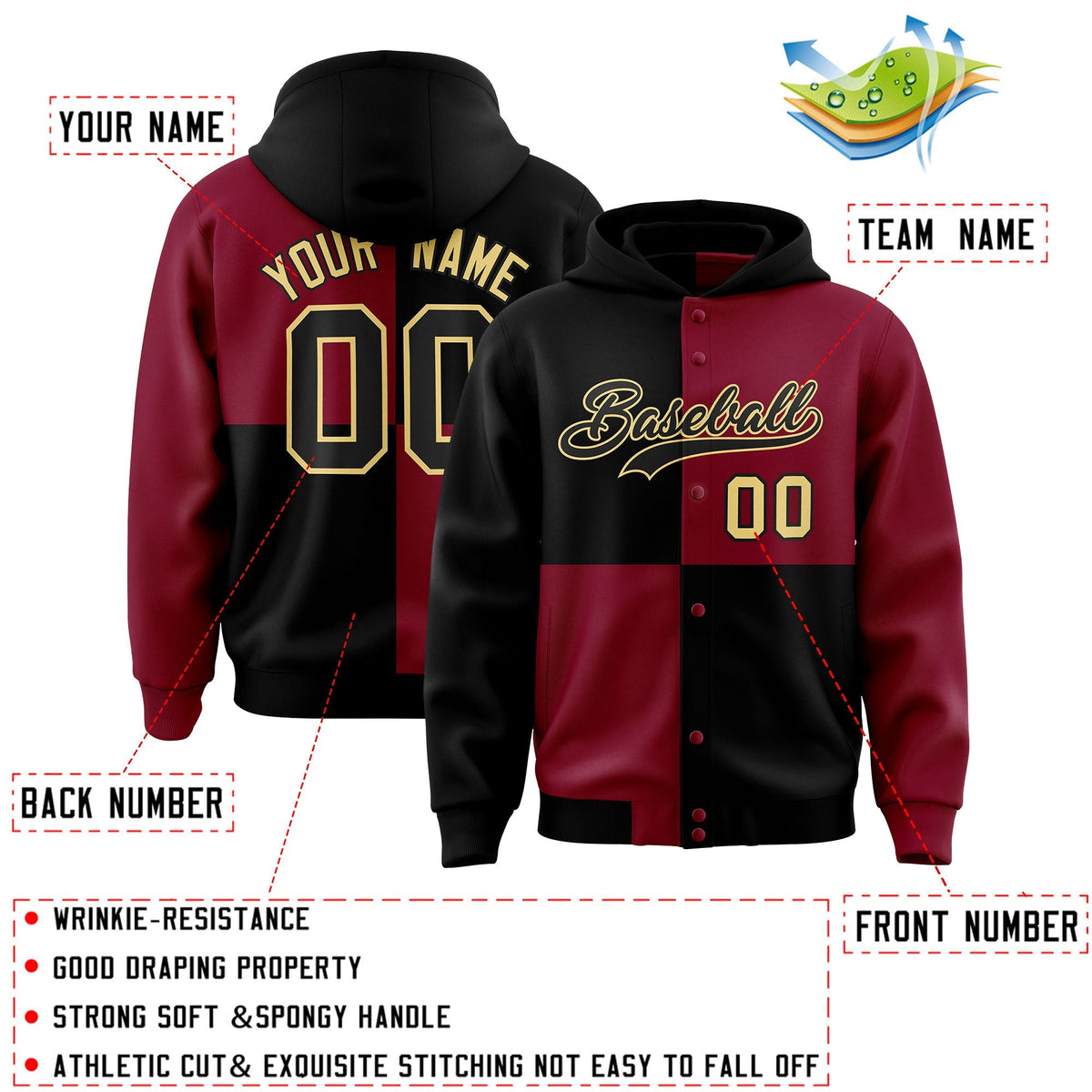 Custom Black Crimson Varsity Full-Snap Four Squares Color Block Letterman Jacket Hoodie| KXKSHOP