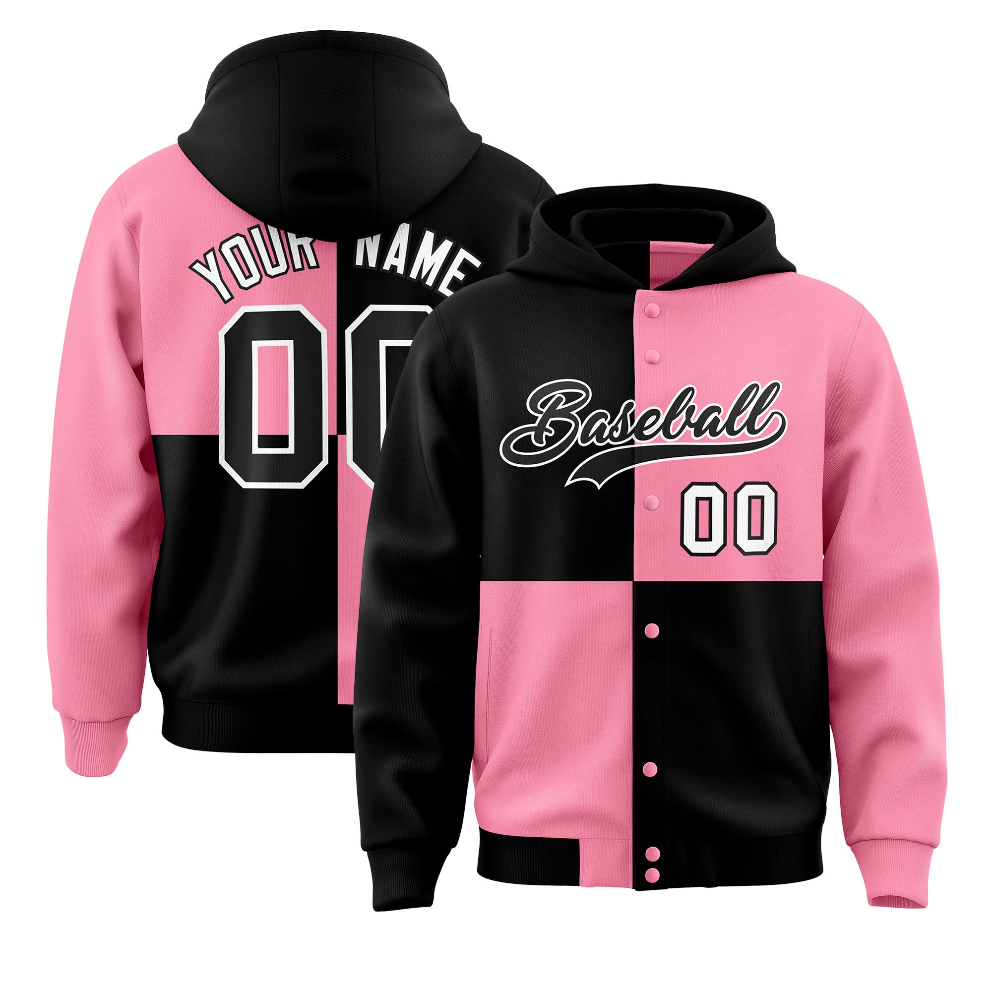 Custom Black Light Pink Varsity Full-Snap Four Squares Color Block Letterman Jacket Hoodie| KXKSHOP