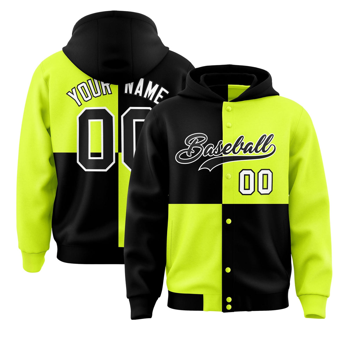 Custom Black Green Varsity Full-Snap Four Squares Color Block Letterman Jacket Hoodie| KXKSHOP