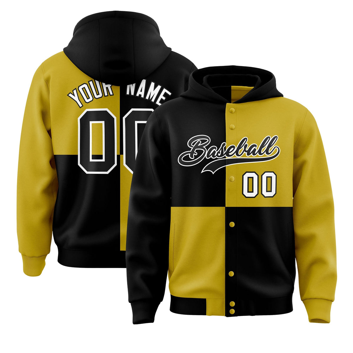 Custom Black Old Gold Varsity Full-Snap Four Squares Color Block Letterman Jacket Hoodie| KXKSHOP