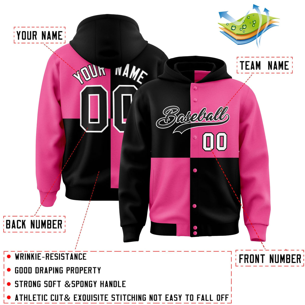 Custom Black Pink Varsity Full-Snap Four Squares Color Block Letterman Jacket Hoodie| KXKSHOP